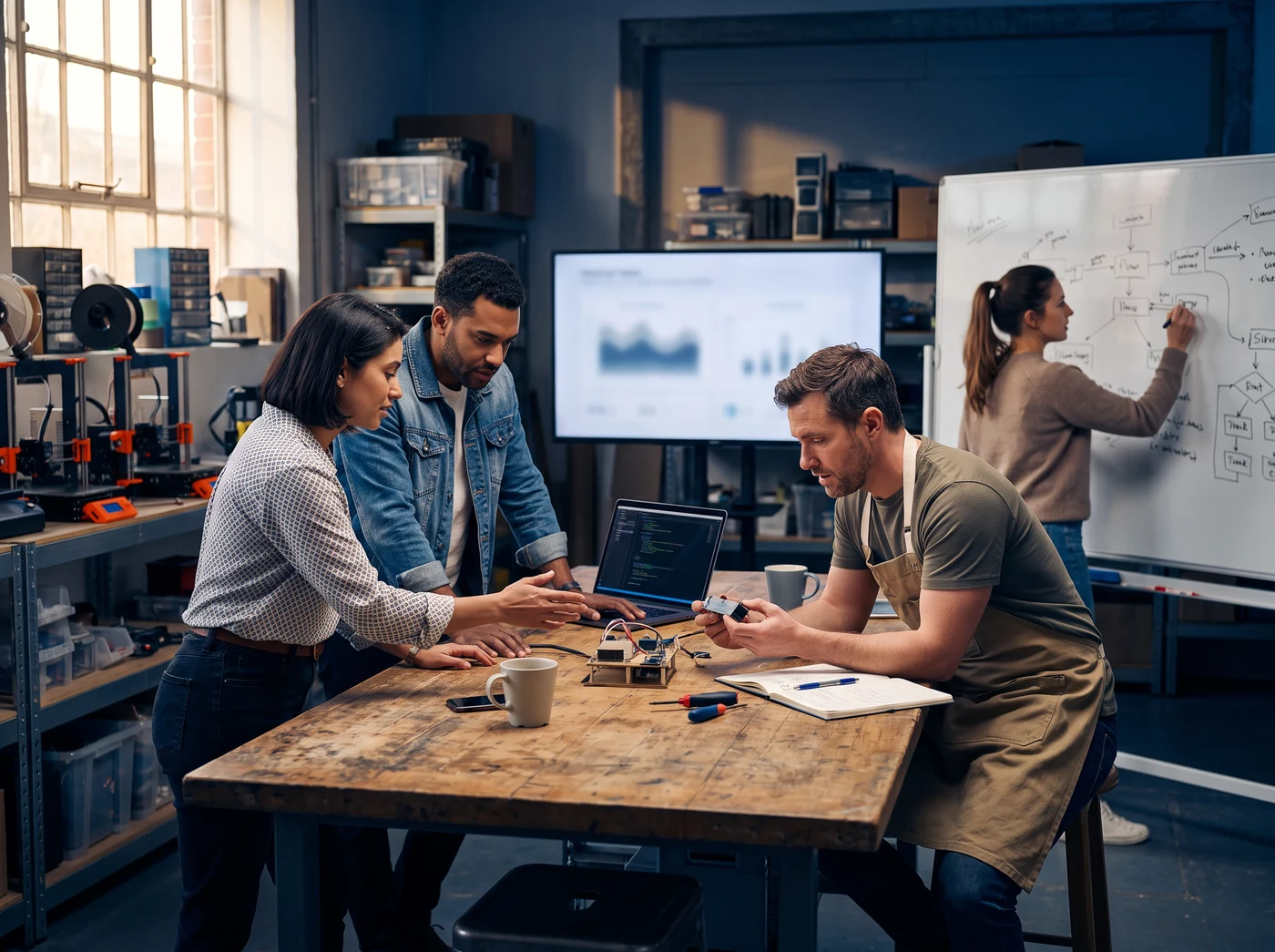 Entrepreneurs building and testing a product prototype in a hands-on venture studio